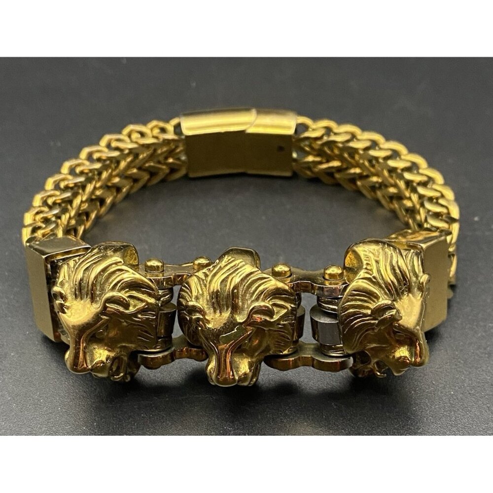 Mens Heavy Triple Lion Head Bracelet 108g Dark Gold Tone 9" Hip Hop Music LOOK